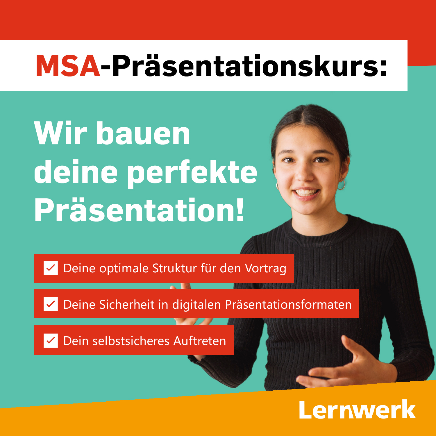 MSA-Präsentationskurs: Wir bauen deine perfekte Präsentation! Deine optimale Struktur für den Vortrag. Deine Sicherheit in digitalen Präsentationsformaten. Dein selbstsicheres Auftreten. 
